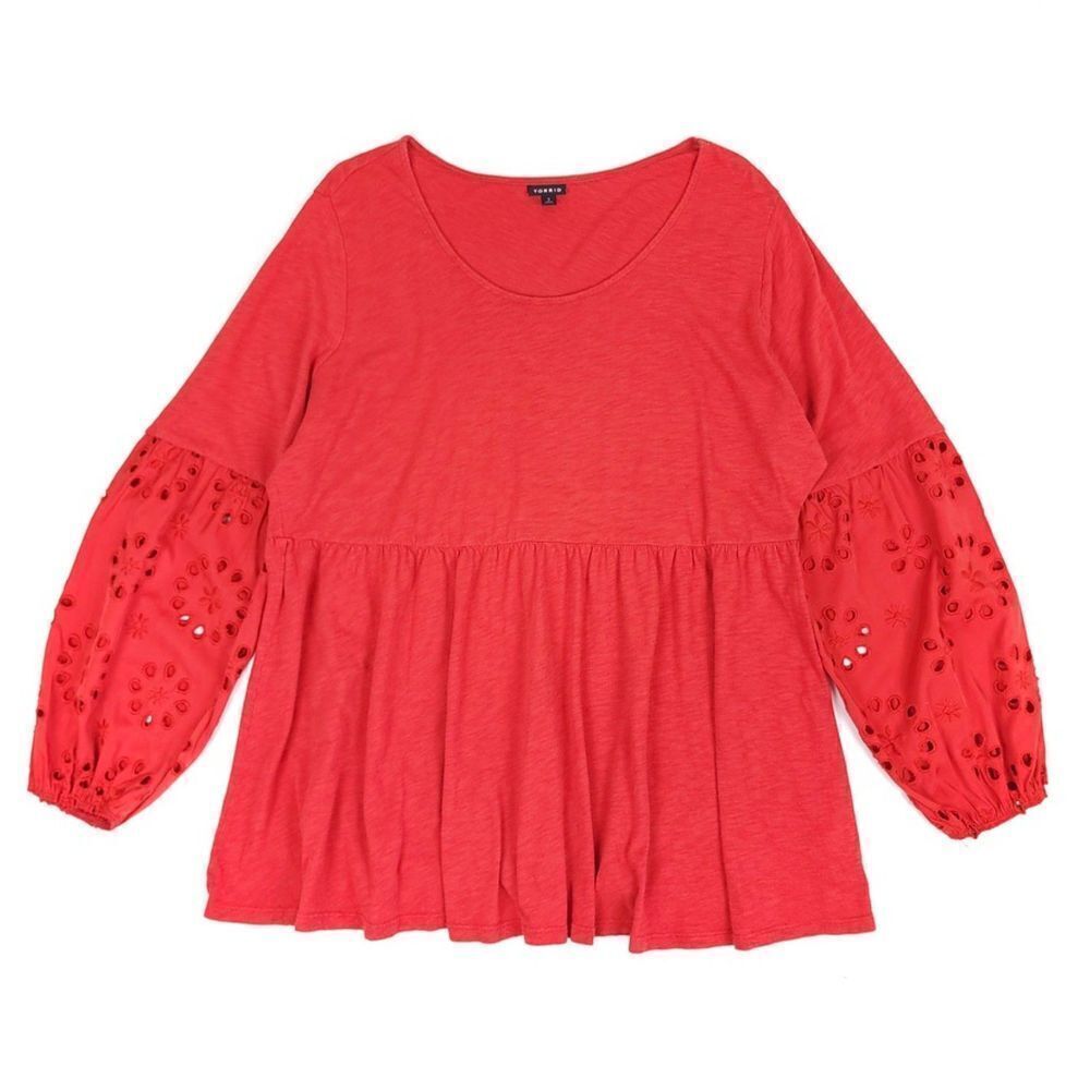 TORRID Cotton Modal Slub Scoop Neck Eyelet Sleeve Inset Babydoll Top Plus 3X Red